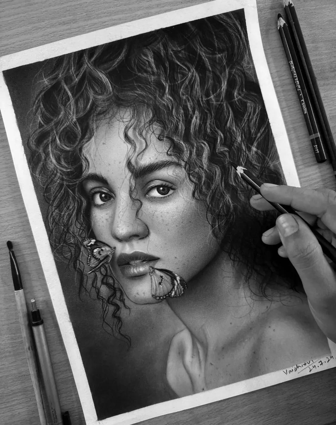 Hyper-realistic charcoal portrait drawn by hand